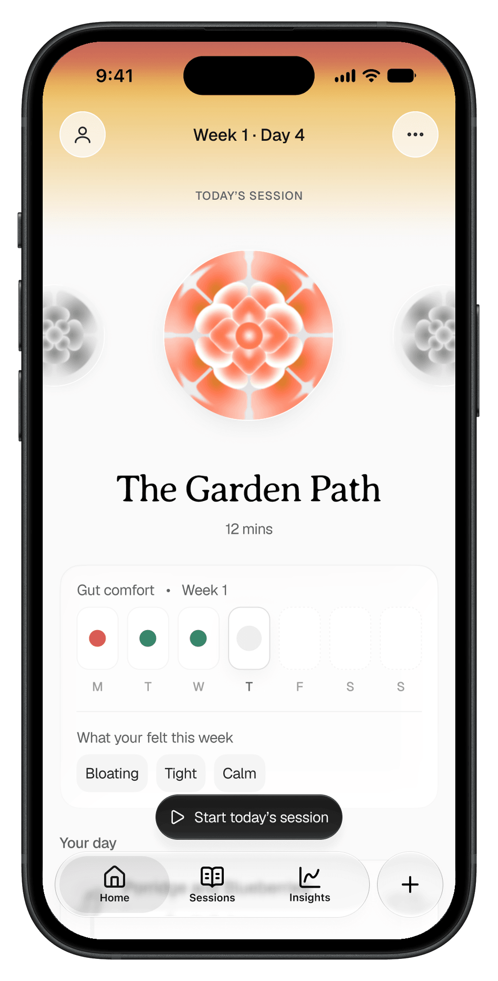 Suna app Today screen: Week 1, Day 4, The Garden Path